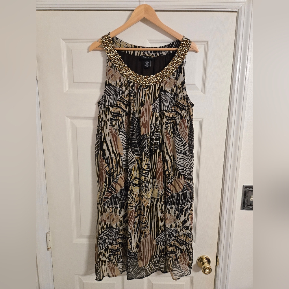 Maggie Barnes Black and Gold Leaf Design Dress With Neck Beading Size 1X